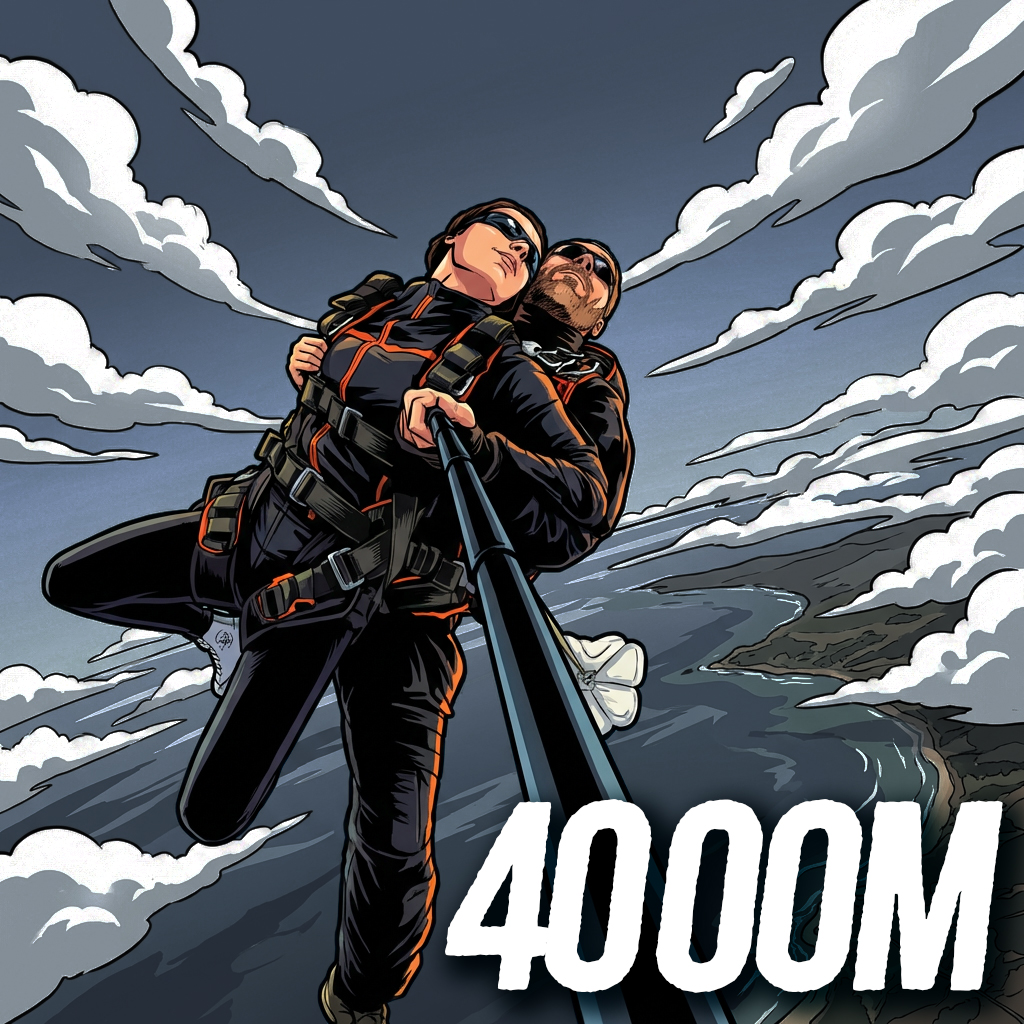 Illustration BD — duo tandem en combinaison noire et orange sous voile à 4 000 m d'altitude, côte atlantique et falaises vendéennes visibles en contrebas, perche caméra au premier plan — baptême de chute libre Vendée Évasion, Les Sables-d'Olonne