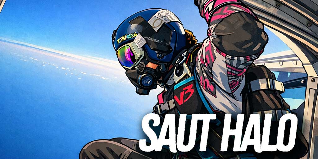 Illustration saut HALO haute altitude — parachutiste équipé masque oxygène intégral, casque plein-face irisé "FullAttack", combinaison technique V3 rose et blanc, positionné en porte d'avion à l'altitude de largage extrême, horizon courbé Atlantique visible — Vendée Évasion, Les Sables-d'Olonne