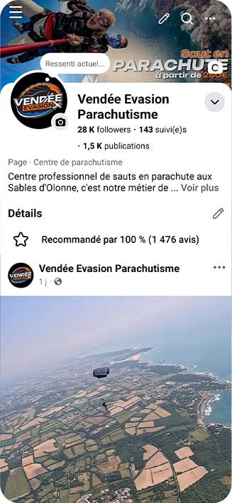 Page Facebook Vendée Evasion Parachutisme — 28 000 abonnés, 1 476 avis recommandés à 100%, vue aérienne sur le littoral des Sables-d'Olonne depuis la voile — centre de chute libre Vendée