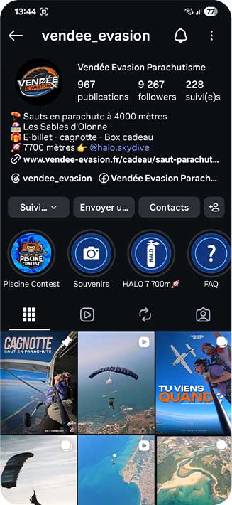 Profil Instagram vendee_evasion — 9 267 abonnés, sauts à 4 000 m et HALO 7 700 m aux Sables-d'Olonne, cagnotte et box cadeau parachutisme disponibles en ligne — Vendée Évasion