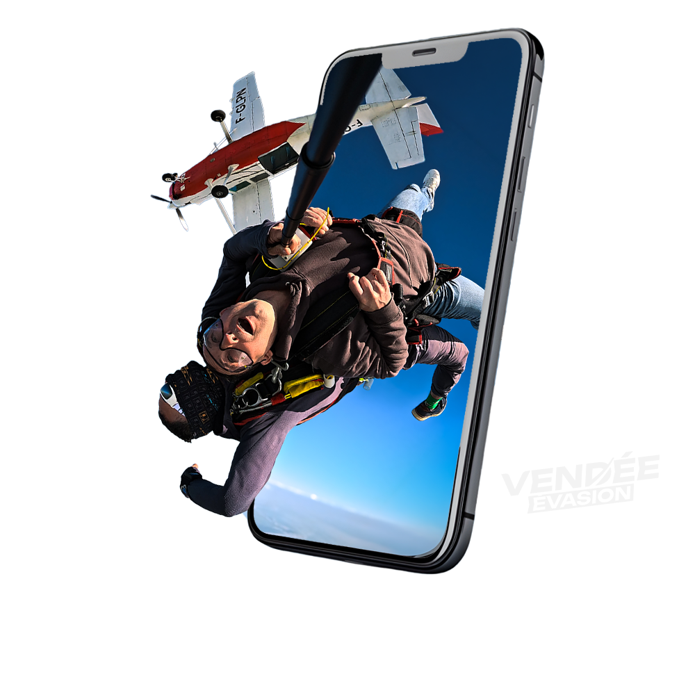 Montage 3D — duo tandem en chute libre jaillissant d'un smartphone, avion F-GLPM en arrière-plan, ciel bleu — Vendée Évasion Parachutisme