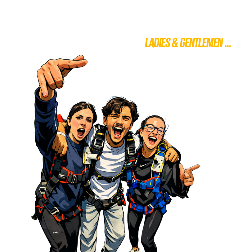 Illustration trio de sautants en harnais tandem, enthousiastes après leur baptême de chute libre aux Sables-d'Olonne — Vendée Évasion Parachutisme