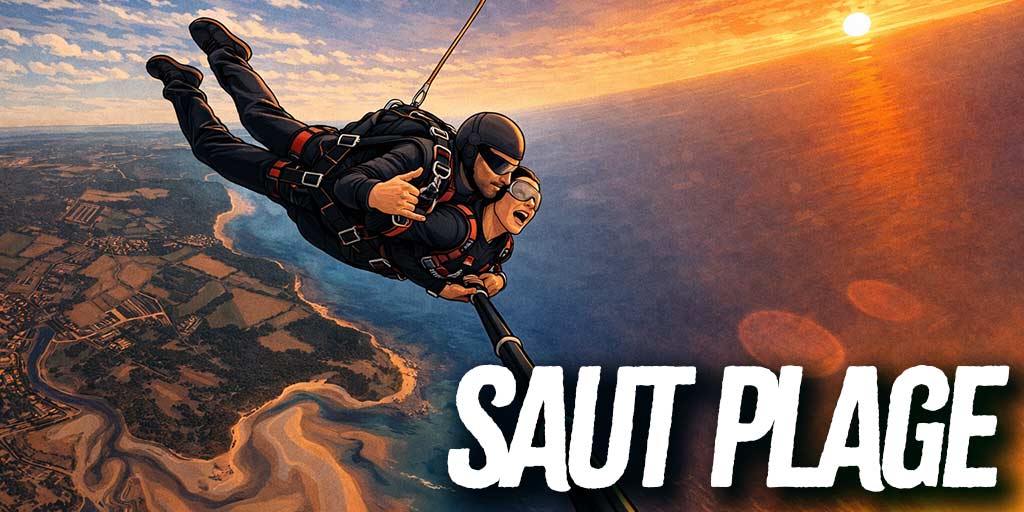 Illustration saut tandem "Saut Plage" au coucher de soleil — instructeur et passager en combinaison noire harnachés ensemble, perche caméra déployée, vue aérienne sur estuaire, bocage vendéen, bandes de sable et Océan Atlantique embrasé — Vendée Évasion, Les Sables-d'Olonne