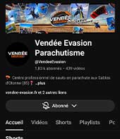 Chaîne YouTube Vendée Evasion Parachutisme — 1 824 abonnés, 439 vidéos de sauts en chute libre aux Sables-d'Olonne, Vendée (85) — @VendeeEvasion
